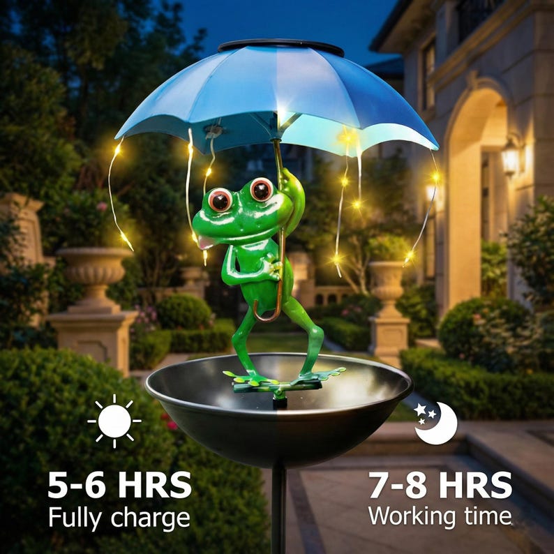 Solar-powered frog garden ground light and bird feeder