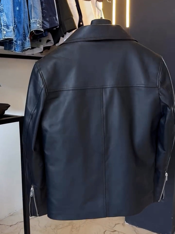 Black Leather Asymmetric Zip Biker Jacket