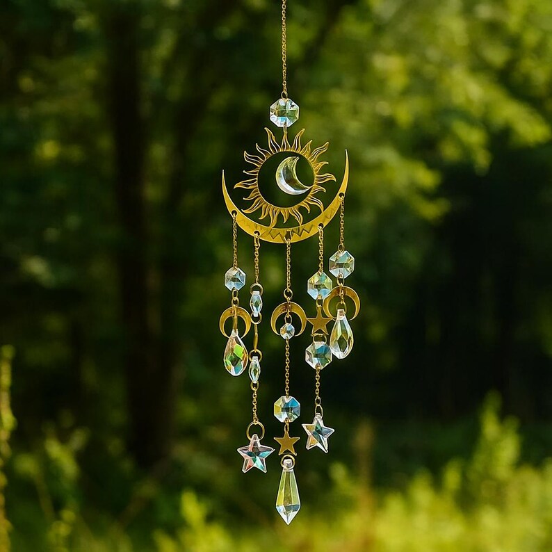 Colorful Moon and Star Crystal Wind Chimes