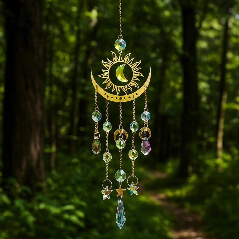 Colorful Moon and Star Crystal Wind Chimes