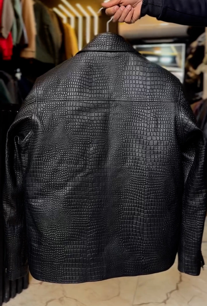 Luxury Crocodile Textured Leather Jacket