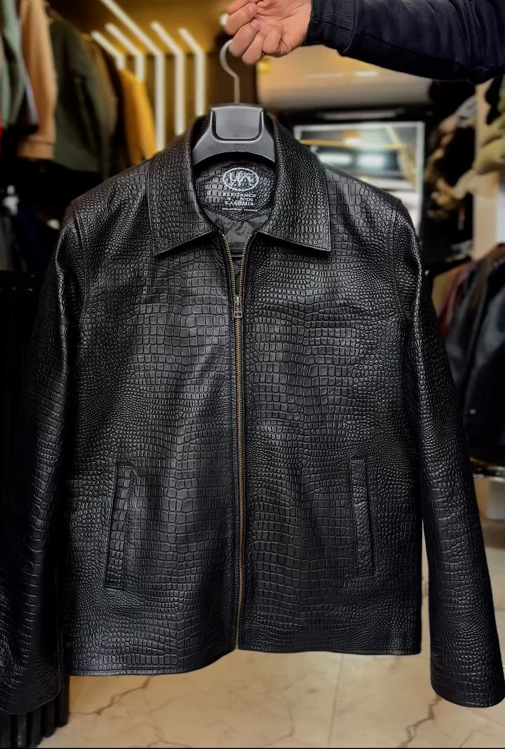 Luxury Crocodile Textured Leather Jacket