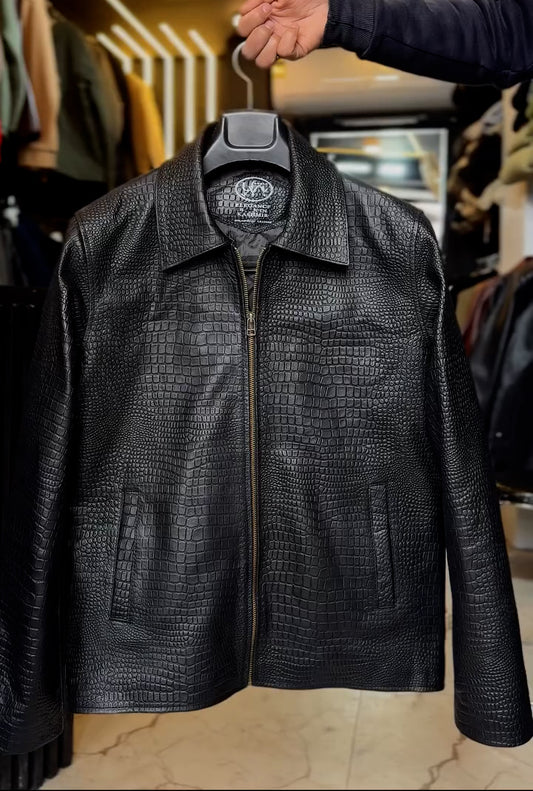 Luxury Crocodile Textured Leather Jacket