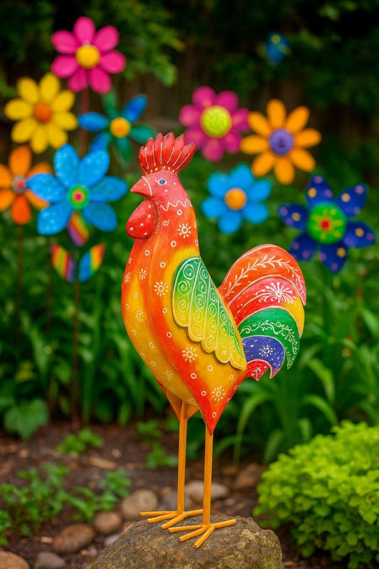 Colorful metal rooster ornaments