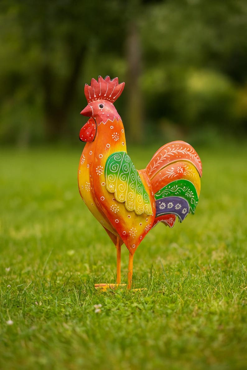 Colorful metal rooster ornaments