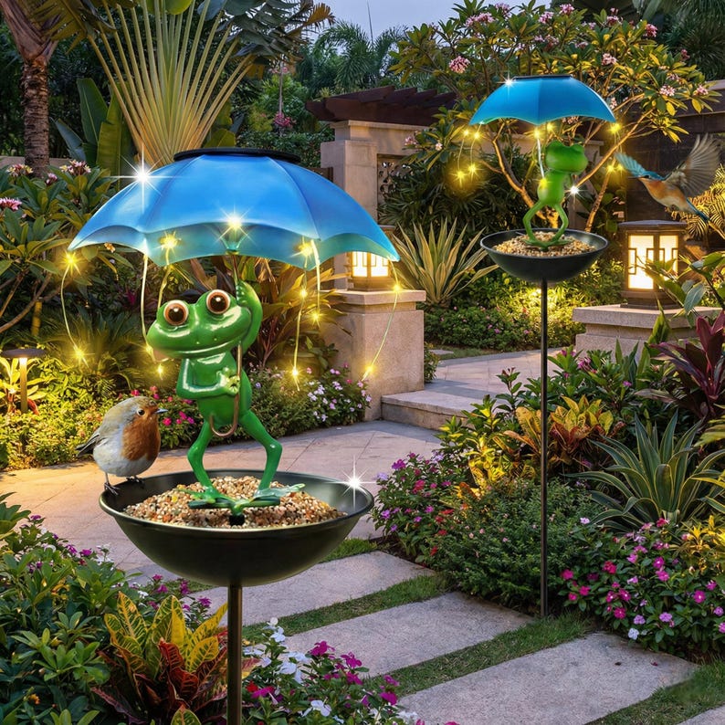Solar-powered frog garden ground light and bird feeder