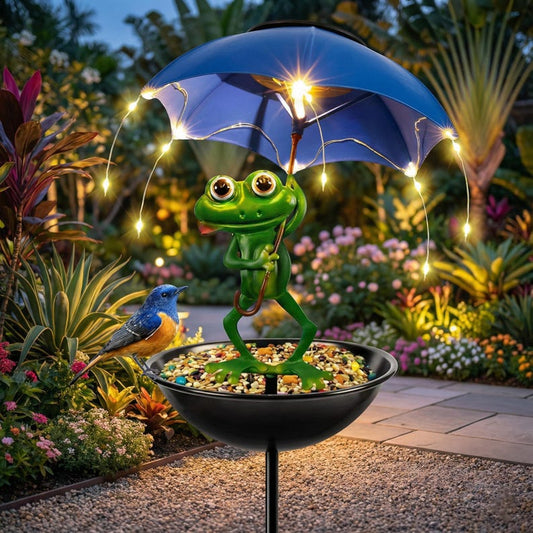 Solar-powered frog garden ground light and bird feeder