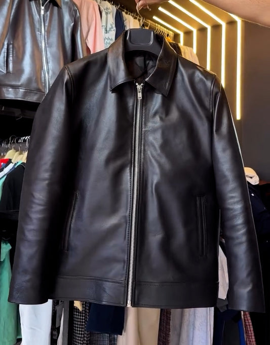 Vintage Black Leather Zip-Up Jacket