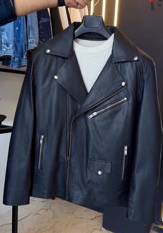 Black Leather Asymmetric Zip Biker Jacket