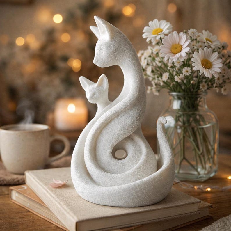 Minimalist Mother and Child Cat Sculpture