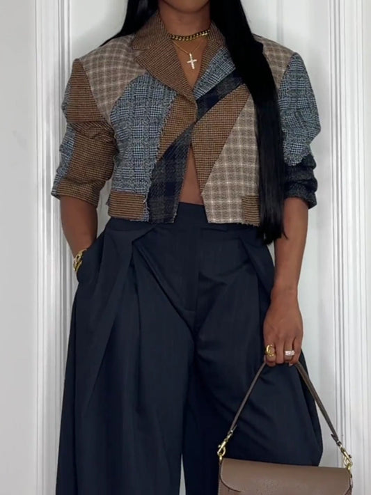 Plaid Print Patchwork Cropped Blazer